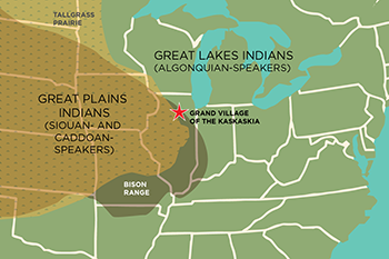 At the Grand Village of the Kaskaskia, the Illinois exploited a border area, or “ecotone,” hunting bison and trading slaves. (Graphic by Julie McMahon).