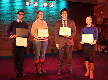 (from left) Vahid Mirshafiee, Robin Holland, Marc Ryan Gancayco and Ipek Tasan were winners at the first ever Research Live! event on campus (photo courtesy of the Graduate College.)