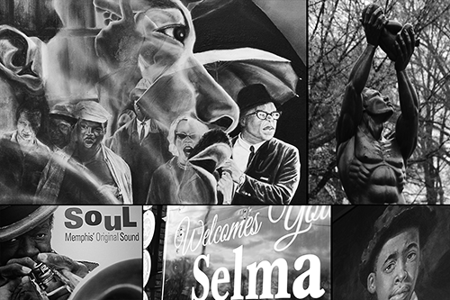 Images from last year's Civil Rights Pilgrimage (clockwise starting in the upper left): Dexter Parsonage Museum, Montgomery, Alabama; the King Center, Atlanta; Mosaic Templars Cultural Center, Little Rock, Arkansas; welcome sign, Selma, Alabama; Stax Museum, Memphis, Tennessee. (All images adapted from color photos by John Elue.)