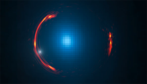 Composite image of the gravitational lens SDP.81 showing the distorted ALMA image of the more distant galaxy (red arcs) and the Hubble optical image of the nearby lensing galaxy (blue center object). By analyzing the distortions in the ring, astronomers have determined that a dark dwarf galaxy (data indicated by white dot near left lower arc segment) is lurking nearly 4 billion light-years away. Credit: Y. Hezaveh, Stanford Univ.; ALMA (NRAO/ESO/NAOJ); NASA/ESA Hubble Space Telescope