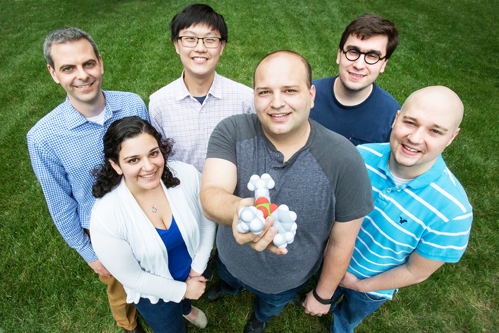 Illinois chemists have developed molecular prosthetics, small molecules that can treat protein deficiencies. Pictured, back row: Chemistry professor Martin Burke, undergraduate students James Fan and Chris Nardone. Front row: graduate students Anna SantaMaria, Anthony Grillo, and Alexander Cioffi.