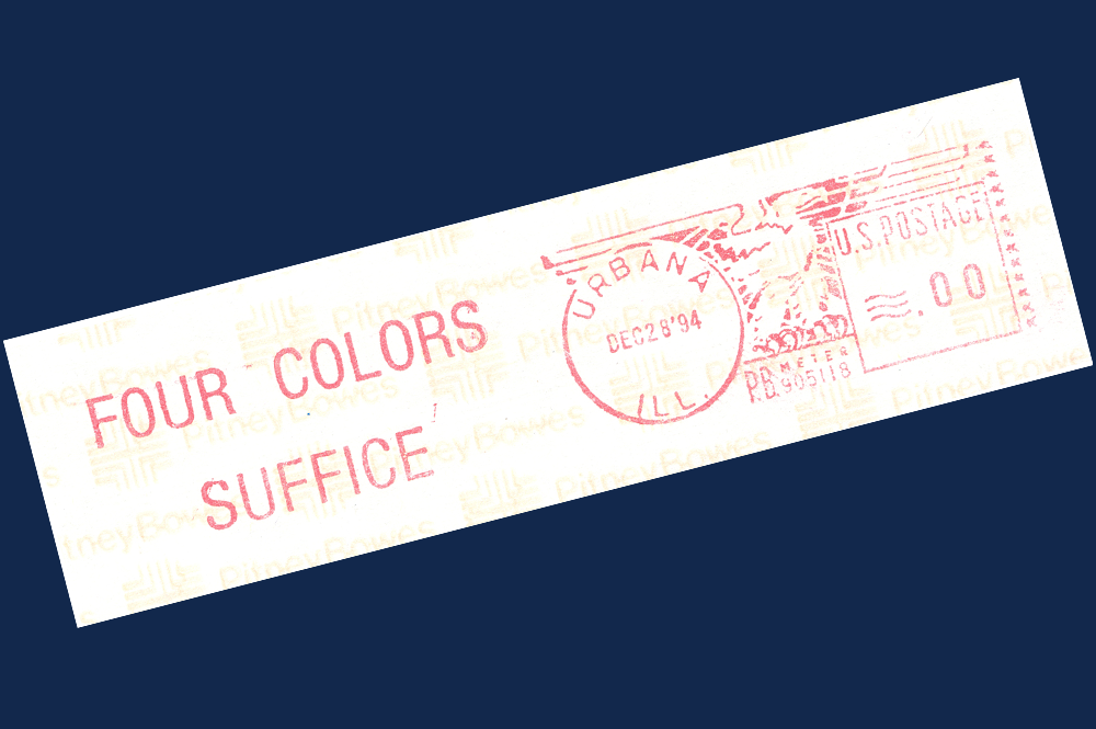 For a number of years following the publication of the Four Color Theorem proof, the Department of Mathematics stamped outgoing mail with this postmark. (Image courtesy of the Department of Mathematics.) 