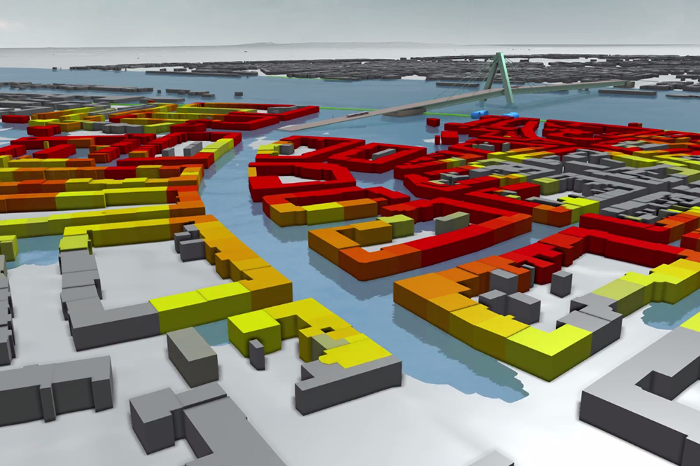Flood damage assessment along the Rhine River in Koln, Germany. An Illinois professor is recognized for launching socio-hydrology, a new scientific field that studies the impact of human activity on water systems. (Image courtesy of the Virtual Reality and Visualization Center, Technical University of Vienna.) 