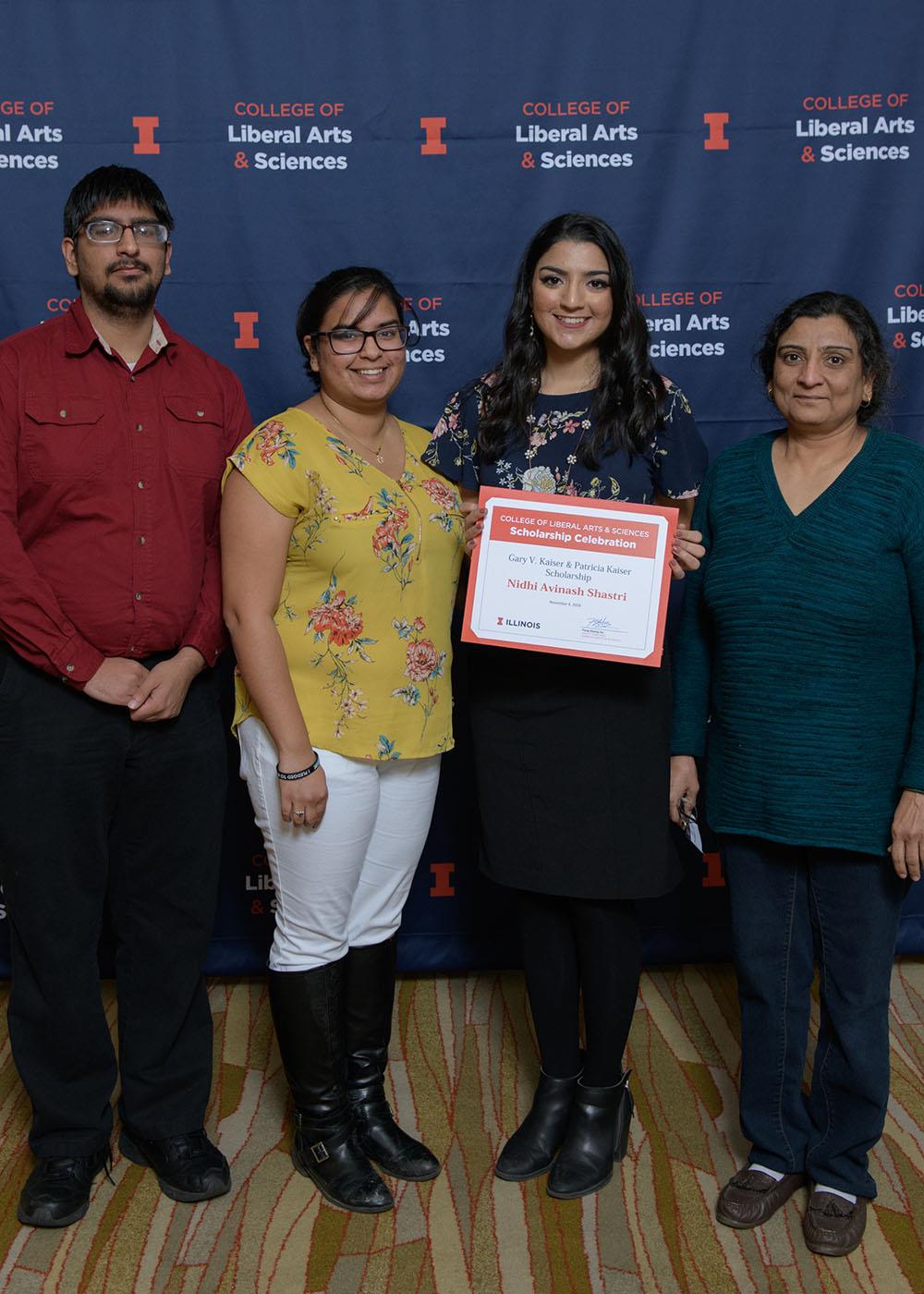 Nidhi Avinash Shastri, a senior, poses at the LAS Scholarship Celebration. She works to help individuals give voice to their ideas on campus and is the recipient of the Gary V. Kaiser and Patricia Kaiser Scholarship. (Della Perrone.) 