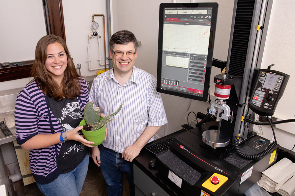 University of Illinois postdoctoral researcher Stephanie Crofts and animal biology professor Philip Anderson found that barbed cactus spines behave a lot like porcupine quills: They readily penetrate fibrous materials and hold fast. (Photo by L. Brian Stauffer.) 