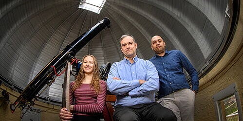 Undergraduate student Lily Kettler, professor Joaquin Vieira and graduate student Kedar Phadke