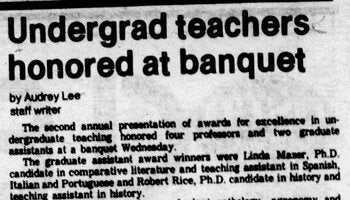 Newspaper clipping about undergraduate teachers honored at a banquet in 1976.