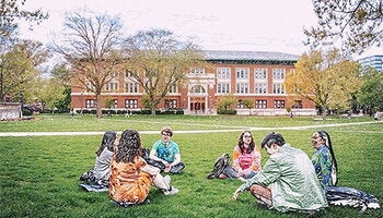 Illustration taken from a photograph of undergraduate students sitting on the grass on the Main Quad facing Lincoln Hall