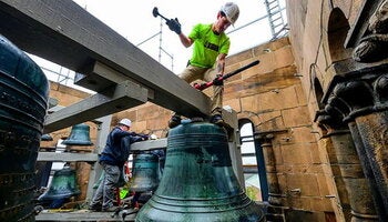 A worker removing the Altgeld chimes