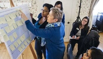 A group pointing at postit notes