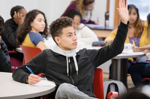 A student raises his hand in class.