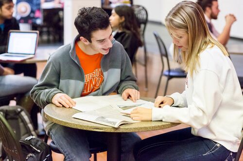 Students talk in the Courtyard Cafe in the Illini Union.