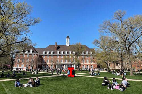 Students enjoy a spring day on the Main Quad