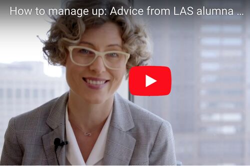 A screenshot of a video featuring alumna Erika Jones on how to manage up