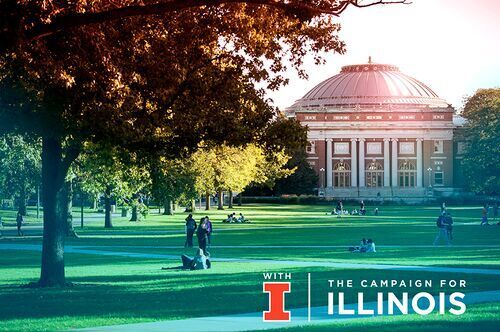 An image of the Quad on a sunny day. Text on top reads "The campaign for Illinois"