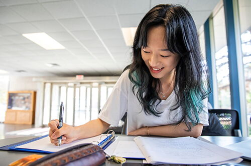 A student writing in a notebook