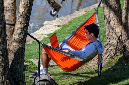 A student sits in a hammock near Boneyard Creek