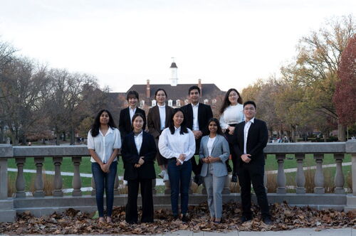 ISAB in front of Foellinger Auditorium, with their backs to the Illini Union 