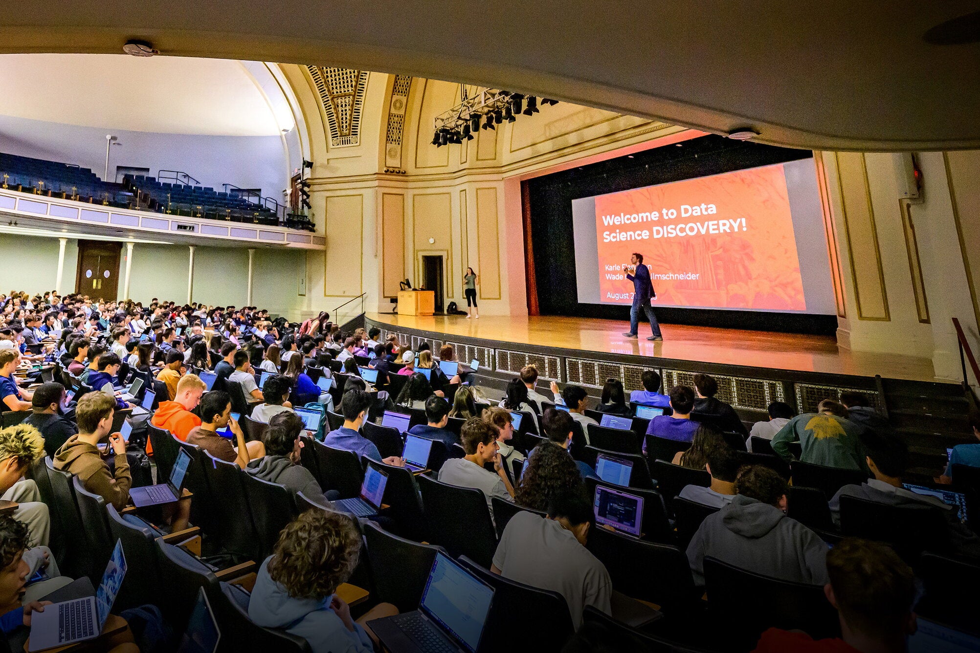 A lecture in Foellinger Auditorium