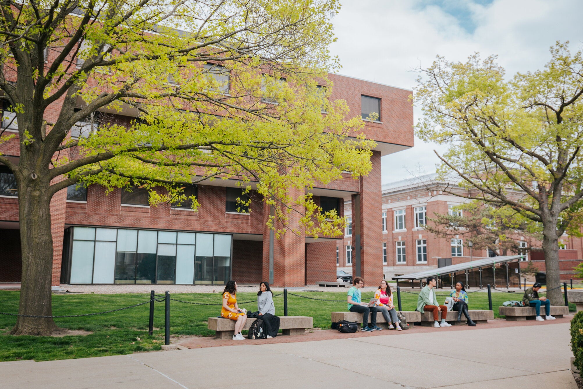 Students sitting in front of the Quad side of the Literatures, Cultures anad Linguistics Building