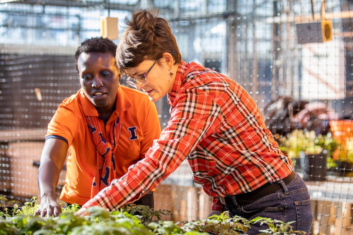 Esther Ngumbi and Erinn Dady studying plants. 