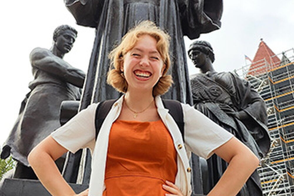 Marica pictured here in front of the Alma Mater statue 