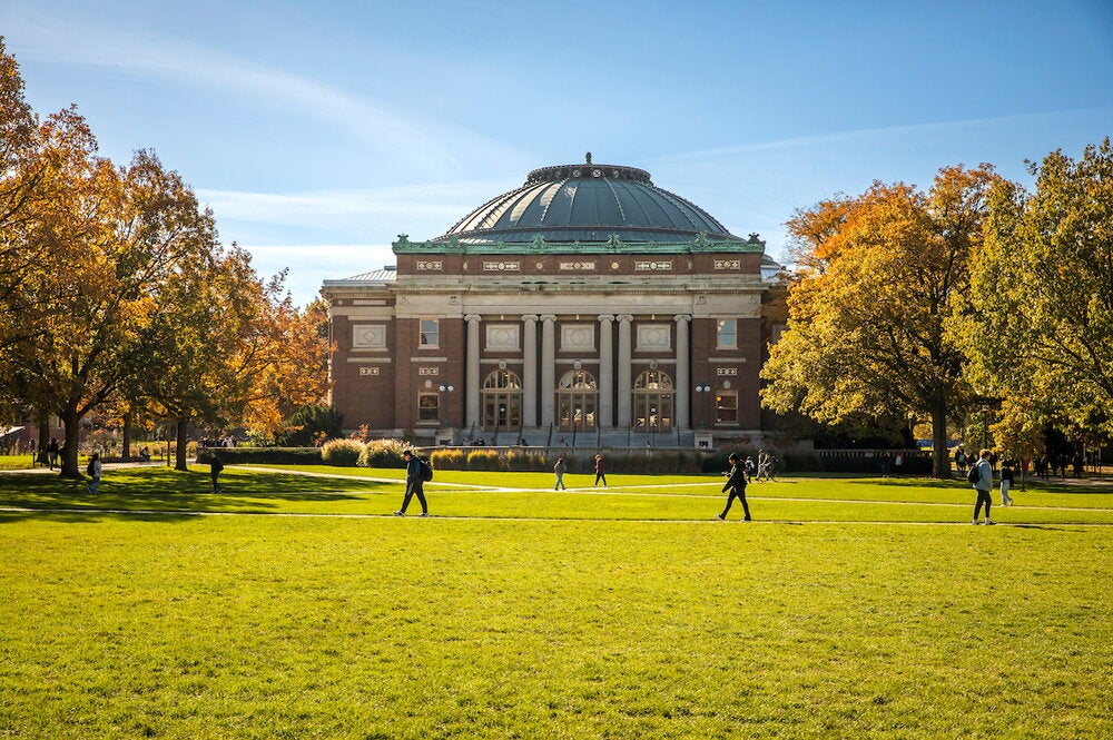Exterior of quad side, front of Foellinger Auditorium