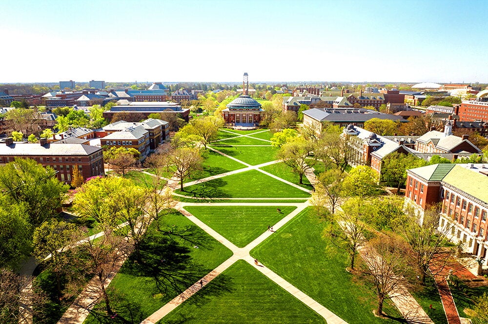 An aerial view of the Main Quad on a sunny spring day
