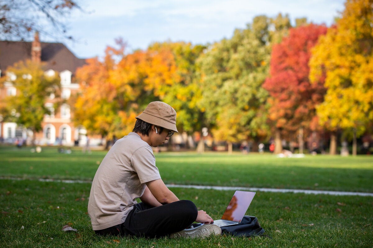 A student studies on the Quad
