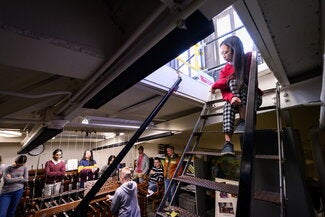 Members of the Altgeld Ringers from past and present gather to play the chimes during a Sunday morning recording session. The players hope the recordings will help carry the Illini tradition of the chimes until the building is restored. 