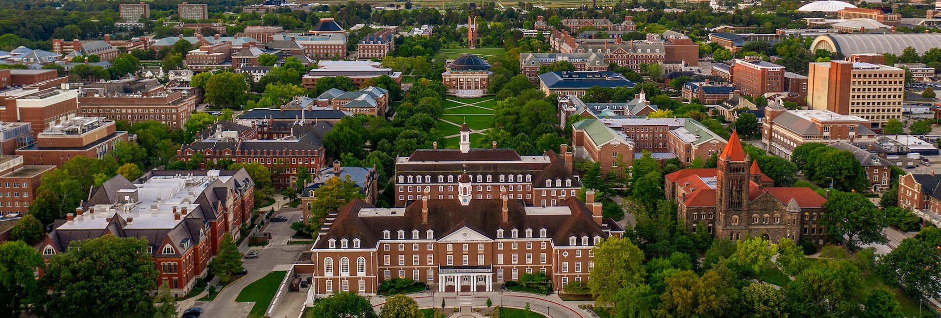 An aerial view of campus. The Quad is the focus, with the Illini Union being prominently displayed.