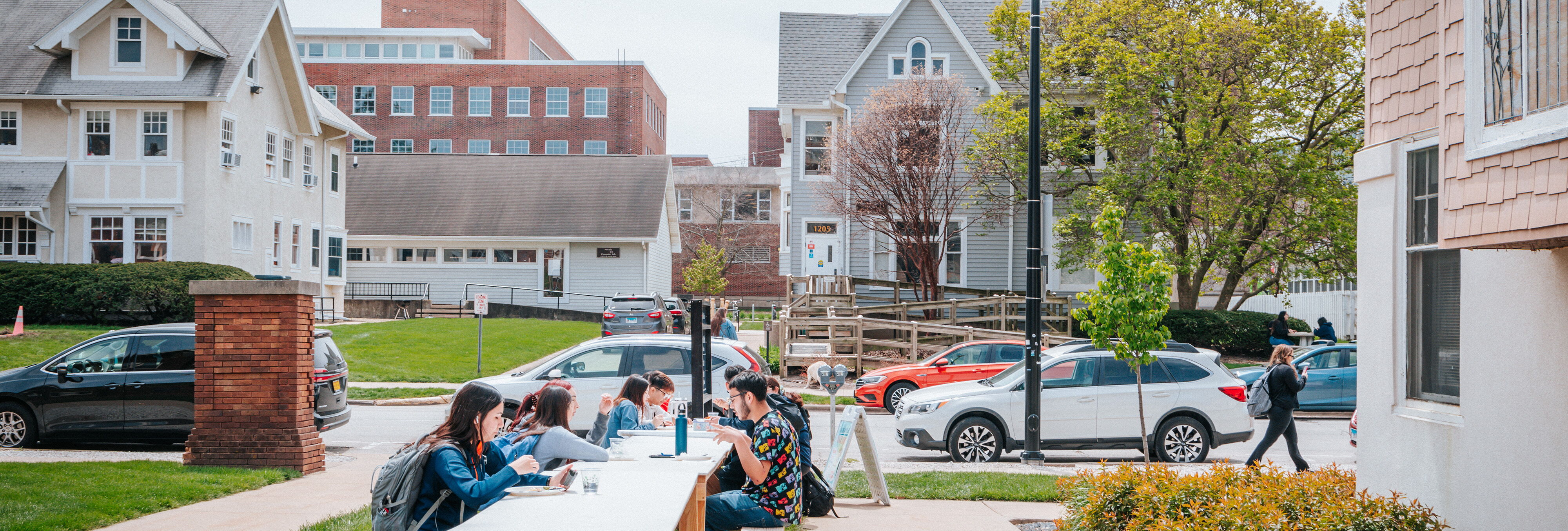 Students sit outside cultural houses at the University of Illinois
