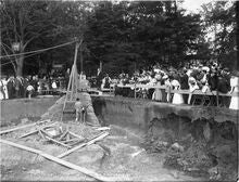 View of construction and cornerstone ceremony for Illini Hall circa 1907.