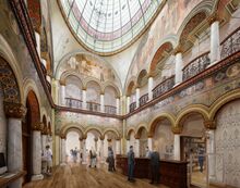 A conceptual rendering displays reconfigured space, restored murals, and a recreated glass dome in the Altgeld Hall library foyer. 
