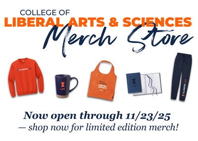 Heather's graphic for LAS Merch Store; images of crewneck t-shirt, mug, tote bag, notebook, and sweatpants