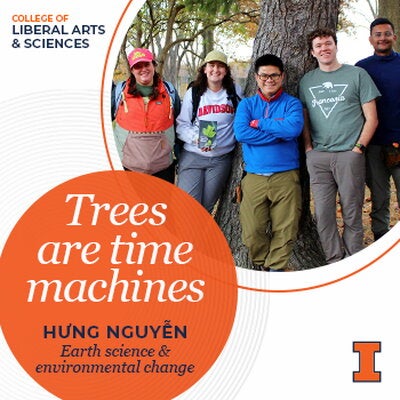 Tree Rings and Climate students (L to R): Sofie Rank, Sabrina Hinz, Carleigh Wachtel, Katieanne Peterson, Hung Nguyen, Shane Lusk, Aabhash Bhattarai, and Qingyang Meng in front of an eastern white pine tree. (Photo by Jake Keister.) 