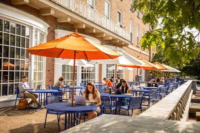 Students sitting outside the Illini Union.