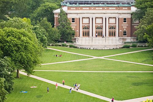 An aerial view of Foellinger Auditorium