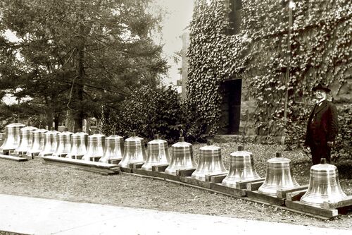 Edmund James stands with the Altgeld Chimes in 1920