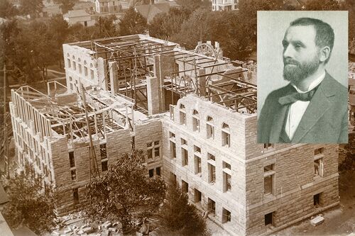 Construction of Altgeld Hall with inset image of John Peter Altgeld