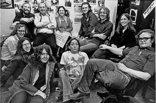 Students in the offices of The Daily Illini in the 1970s