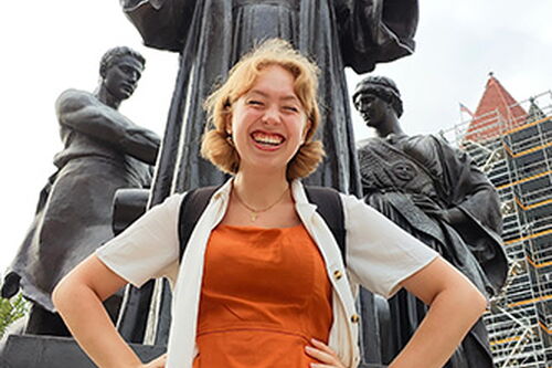 Marica pictured here in front of the Alma Mater statue 