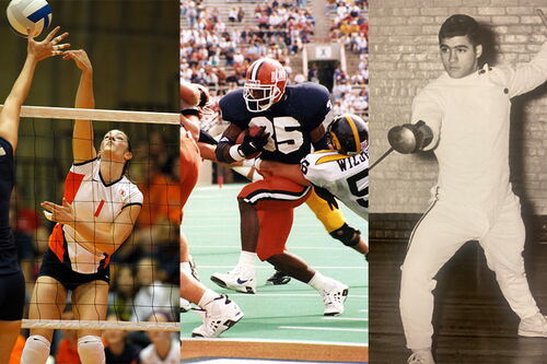 Illinois Hall of Fame athletes Laura DeBruler Santos, Robert Holcombe, and Herman “Pete” Velasco