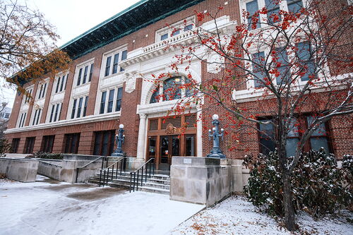 Lincoln Hall surrounded by snow