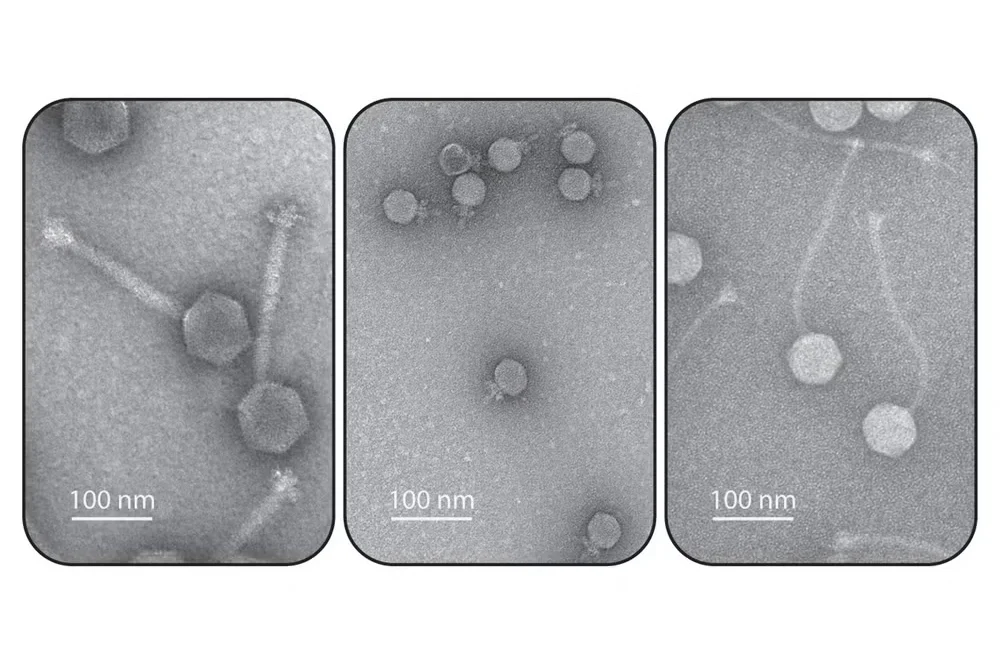 Electron micrographs of bacterial viruses, also known as phages.