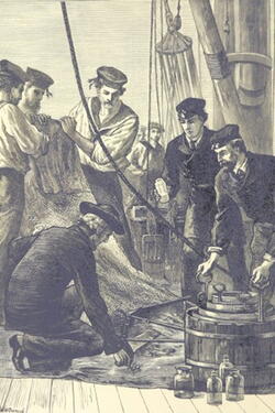 Illustration of Challenger scientists on the ship examining items pulled from the sea.