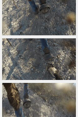 Sequence of three photos of horse hooves in rocky dirt